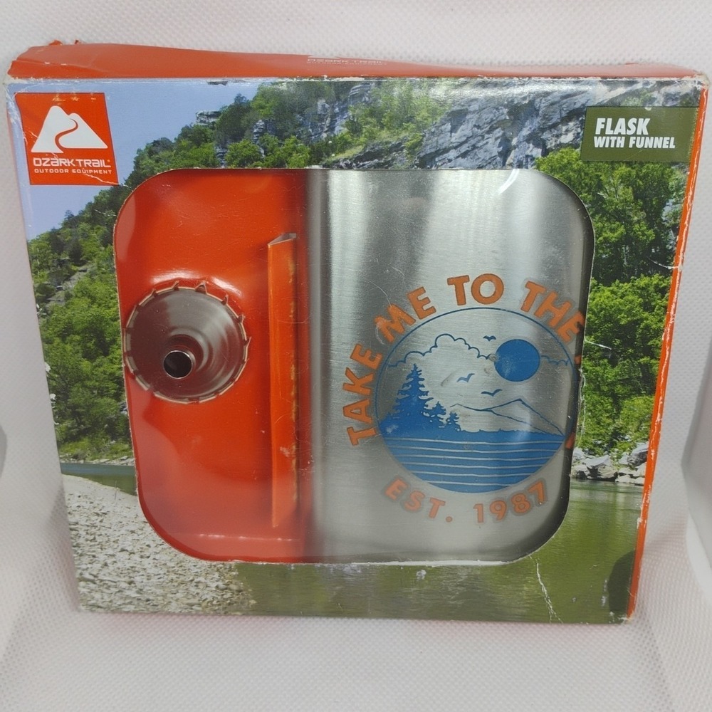 Ozark Trail 7.5oz‎ Stainless Steel Flask Attached Cap Funnel NIB Hiking